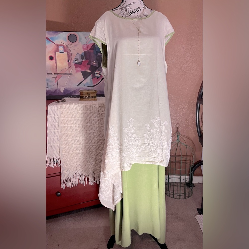 Womens Plus Sage Green Cream Linen Blend Layered Flowy Maxi Dress 2XL
